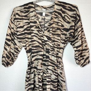 H&M Animal Print Maxi Dress M Beige Zebra Balloon Sleeve Lined Skirt